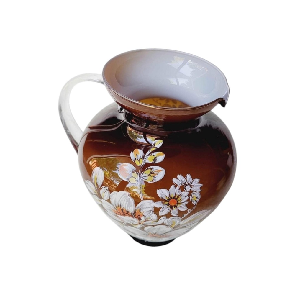 Ardalt Italian Art Glass Pitcher Clear Handle Brown White Floral
